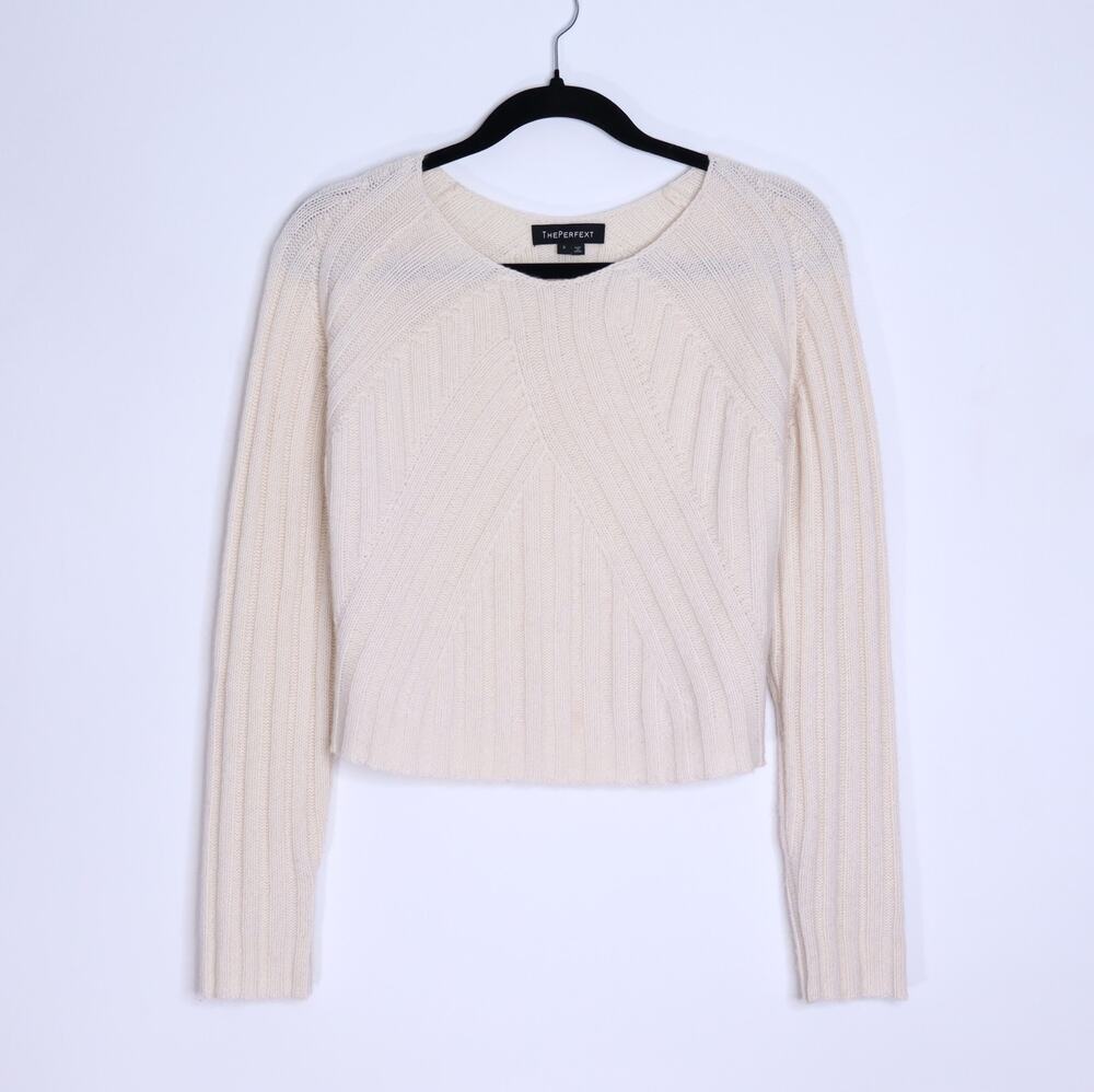 THEPERFEXT Cashmere Bateau Cropped Sweater Ivory Long Sleeve Women's S